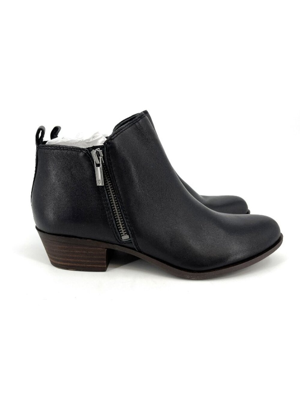 Lucky Brand Basel Bootie Black Leather Size 8.5M Ankle Boots Dual Zip Block Heel